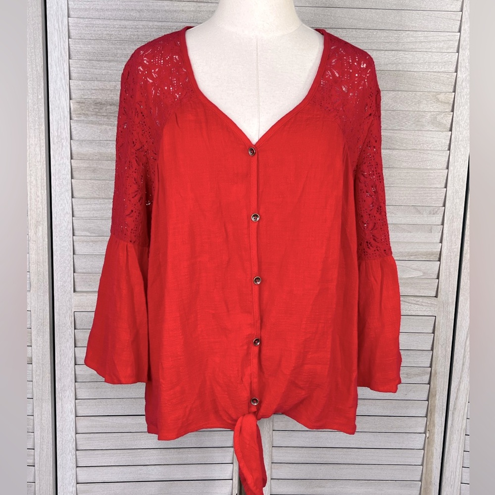 KNOX ROSE Tie Bottom Blouse w Lace Trim and Bell Sleeves Red-XL